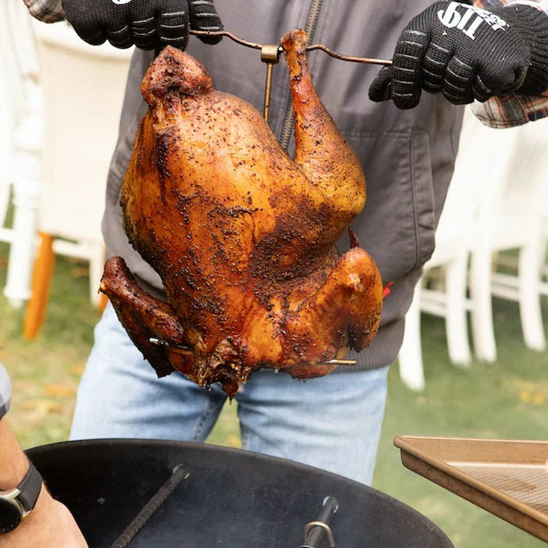 Pit Barrel Cooker Poultry Hanger close up view of cooked turkey