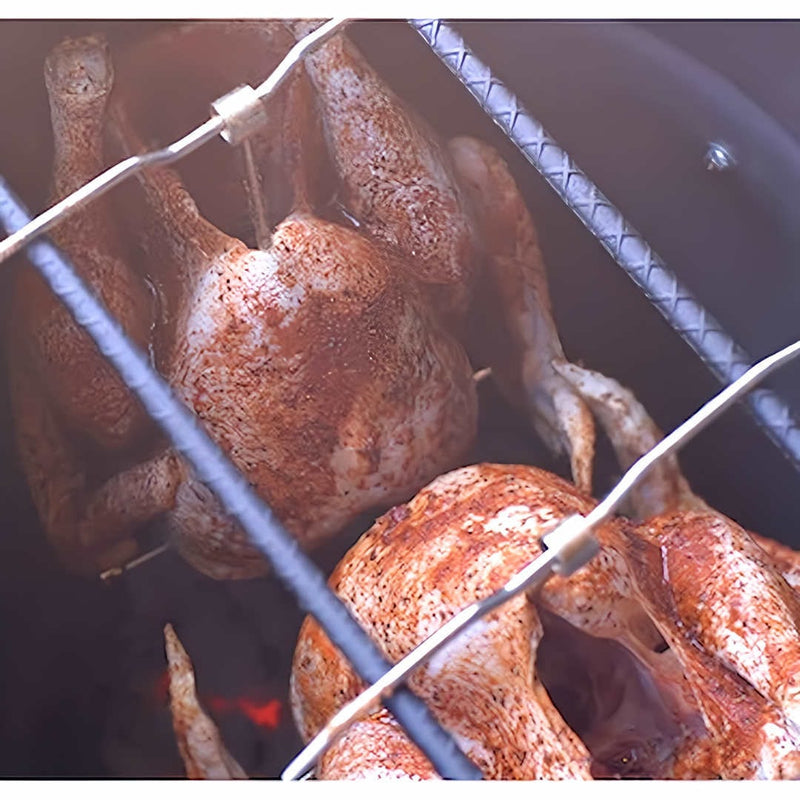 Pit Barrel Cooker Poultry Hanger top view of chickens cooking