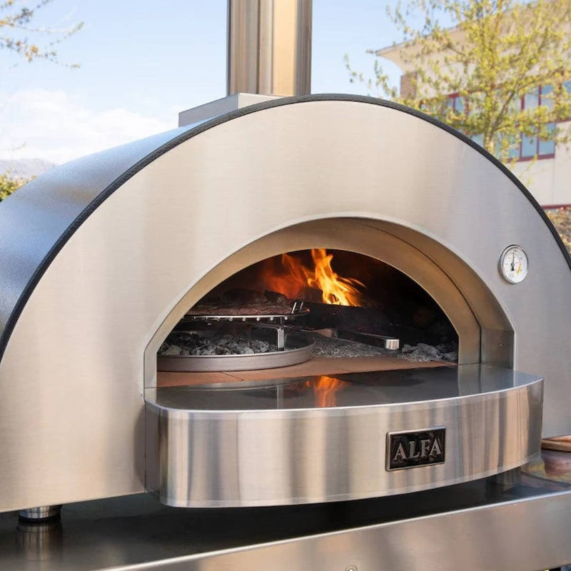 Wood Fired Pizza Oven | Alfa Classico 4 Pizze close up front left view cooking inside