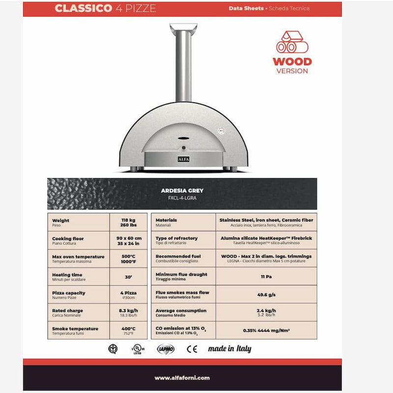 Wood Fired Pizza Oven | Alfa Classico 4 Pizze data sheet