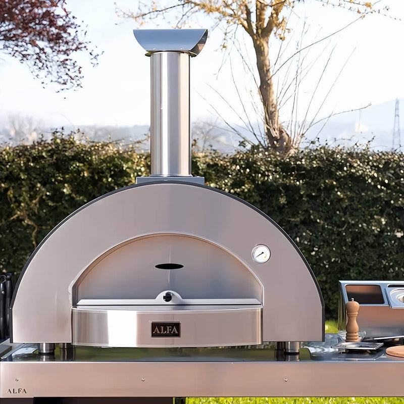 Wood Fired Pizza Oven | Alfa Classico 4 Pizze front view on alfa table outside