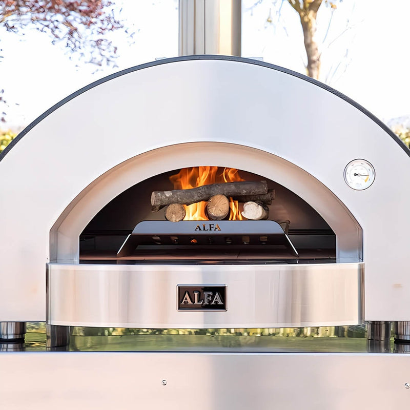 Wood Fired Pizza Oven | Alfa Classico 4 Pizze close up front view with fire inside