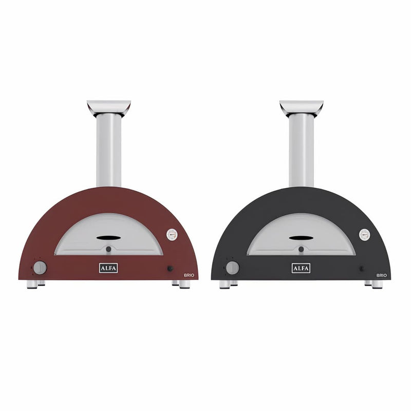 Pizza Oven | Alfa Brio Hybrid | Gas & Electric both red and black models sitting side by side in same photo