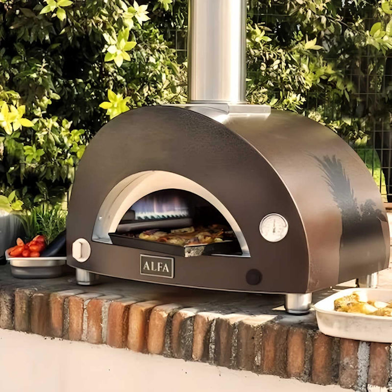 Pizza Oven | Alfa Nano | Wood or Gas front left view cooking veggies inside