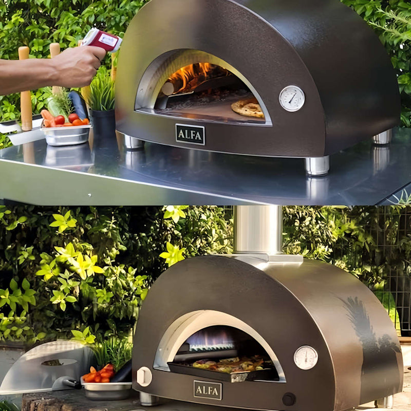 Pizza Oven | Alfa Nano | Wood or Gas split photo of wood fired and gas ovens