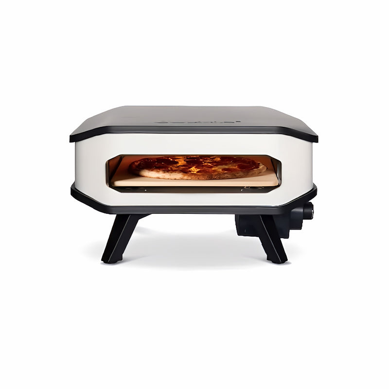 Electric Pizza Oven | Cozze White 13 Inch front view with pizza cooking inside