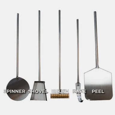 Pizza Oven Tool Kit | view showing all 5 pieces, spinner, shovel, brush, rake and peel