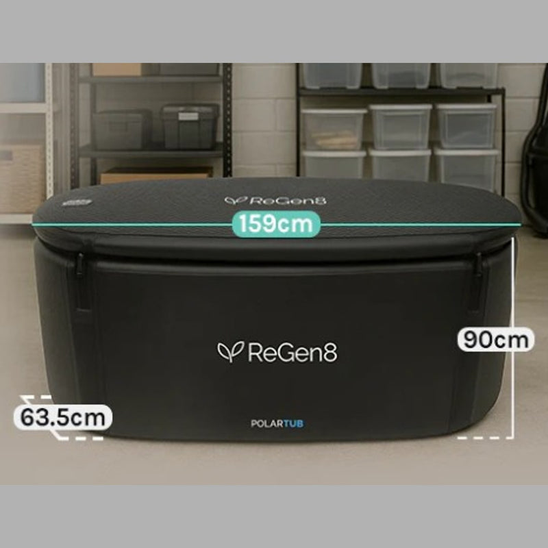PolarTub 505 L Ice Bath & Cold‑Plunge | Tub & T2 Rapid‑Chiller shoing the lid on adn dimensions of the tub