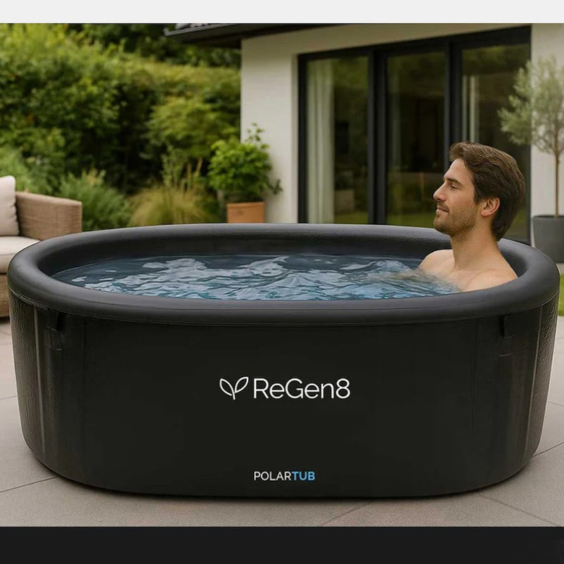 PolarTub 505 L Ice Bath & Cold‑Plunge | Tub & T2 Rapid‑Chiller showing someone sitting inside
