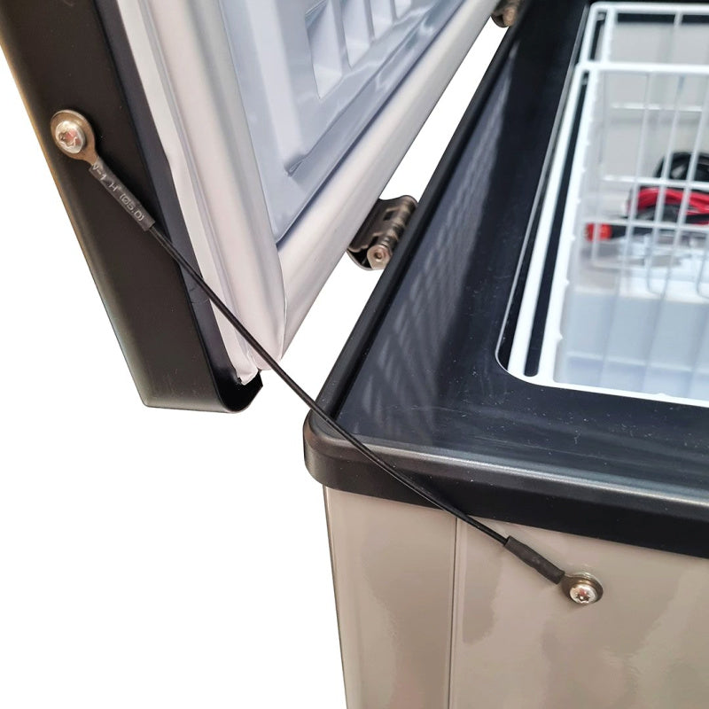 Portable Camping Fridge Freezer 60L showing latch attached to the lid