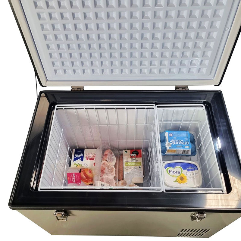 Portable Camping Fridge Freezer 60L top view with food inside