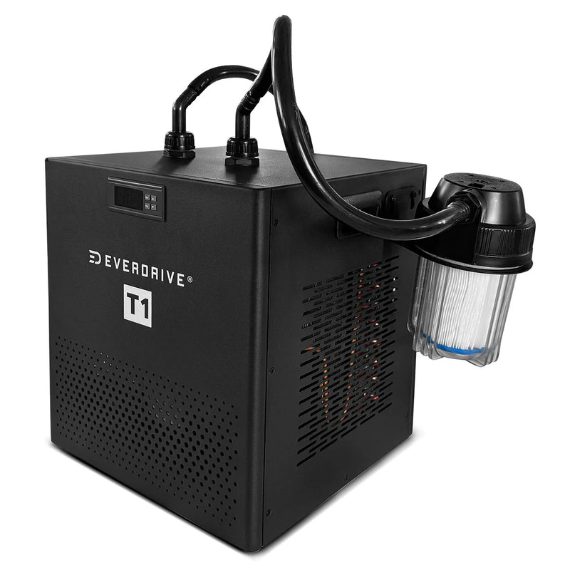 PolarBarrel Ice Bath & Cold‑Plunge | Tub, T1 Chiller, or T2 Chiller Bundle showing the T1 chiller with filter attached