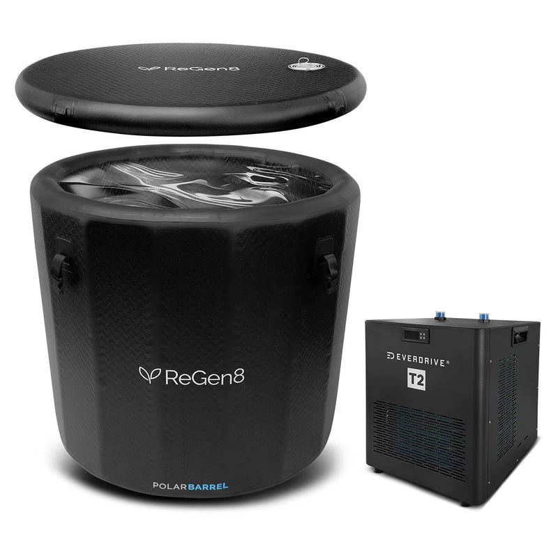 PolarBarrel Ice Bath & Cold‑Plunge | Tub, T1 Chiller, or T2 Chiller Bundle showing the T2 model with chiller