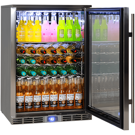 an outdoor alfresco bar fridge with the door opening showing drinks stacked inside