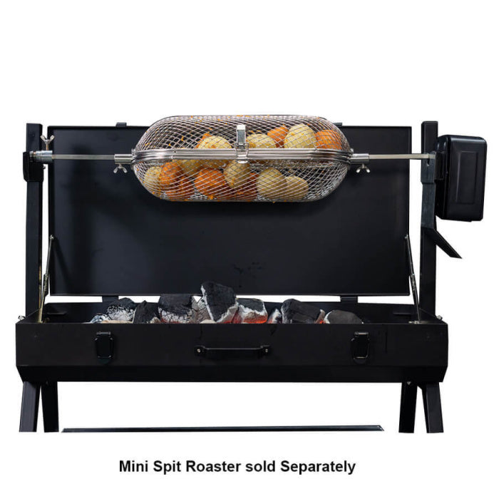 Rotisserie Tumbler Basket | full view of basket on mini spit roaster