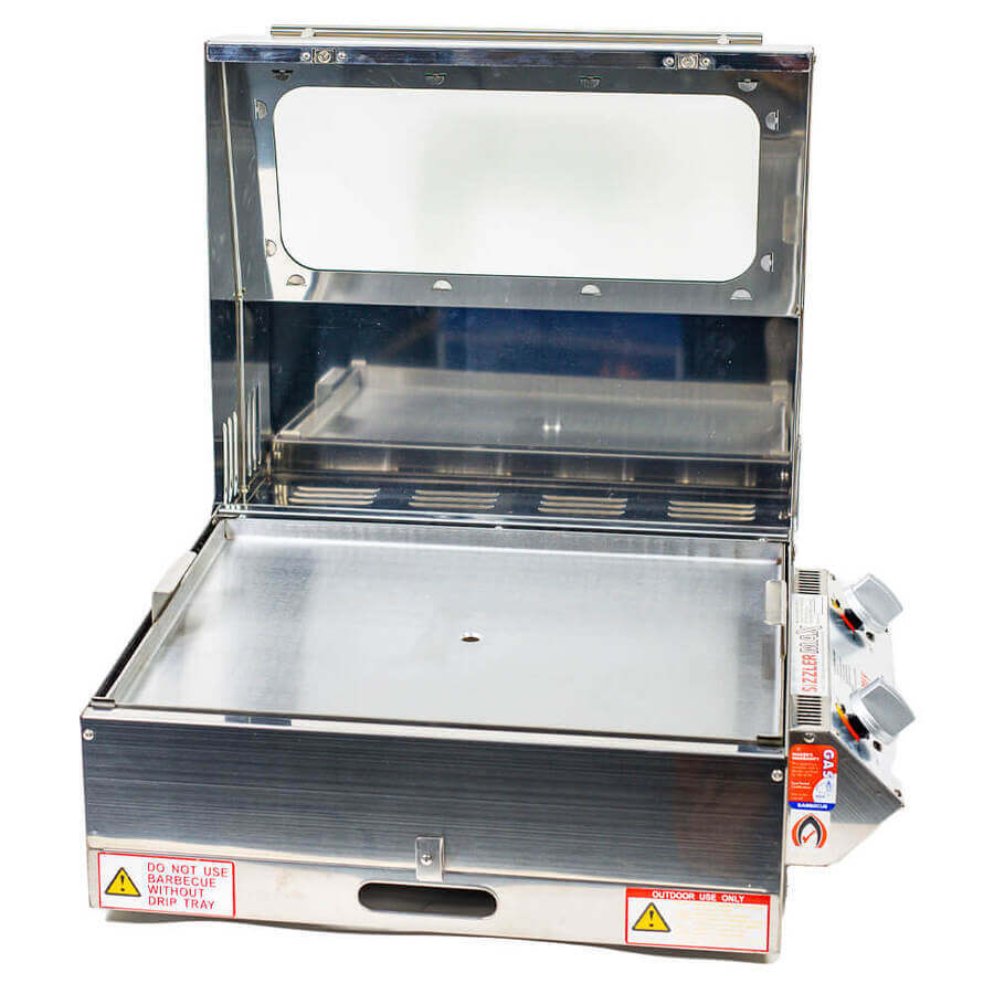 Portable BBQ Grill | Caravan | Sizzler Max front view with lid open 