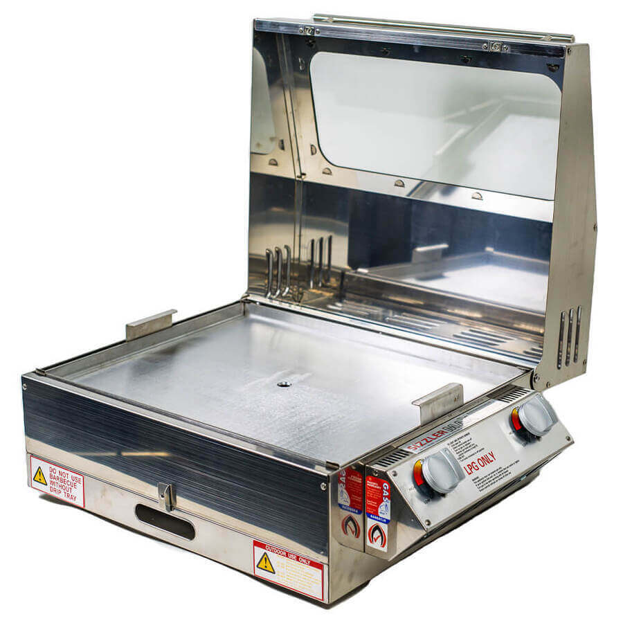 Portable BBQ Grill | Caravan | Sizzler Max front right side view with lid open and also showing temperature controls