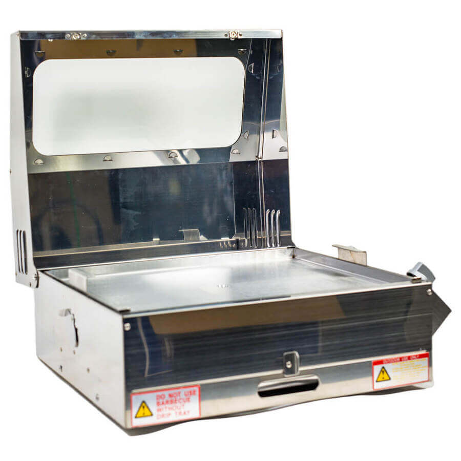 Portable BBQ Grill | Caravan | Sizzler Max close up front left view with lid open