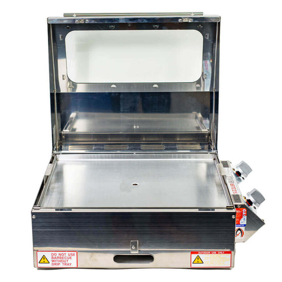 Portable BBQ Grill | Caravan | Sizzler Max close up front view with lid open
