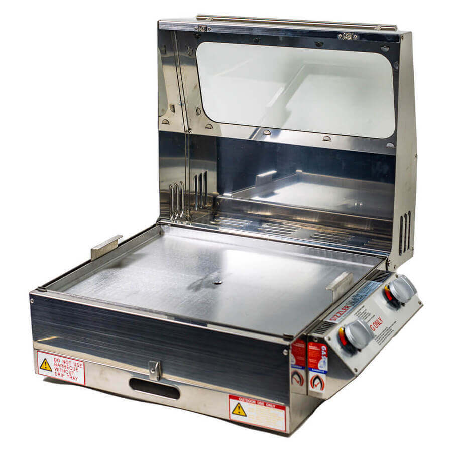 Portable BBQ Grill | Caravan | Sizzler Max with lid open showing cooking plate