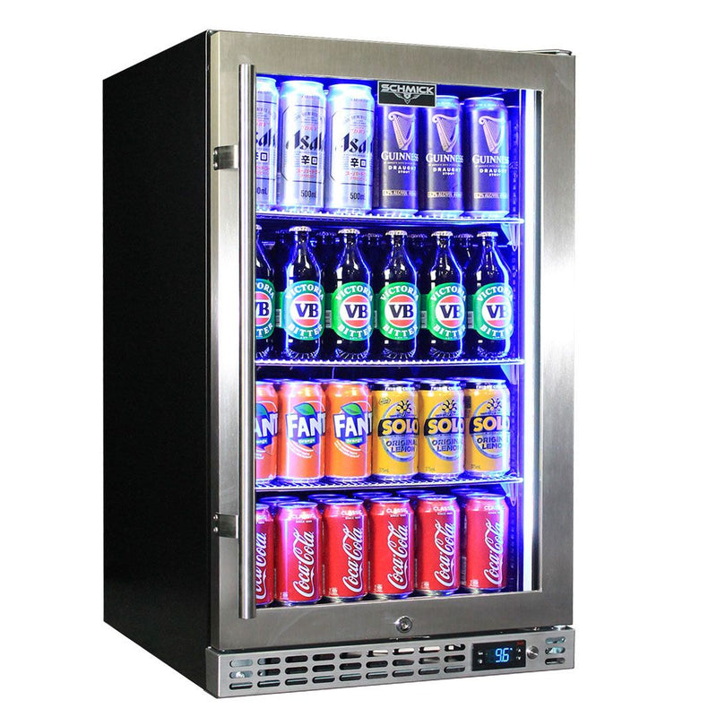 Bar Fridge | Single Door Alfresco | Schmick SK126 right hinged door closed with blue LED lights