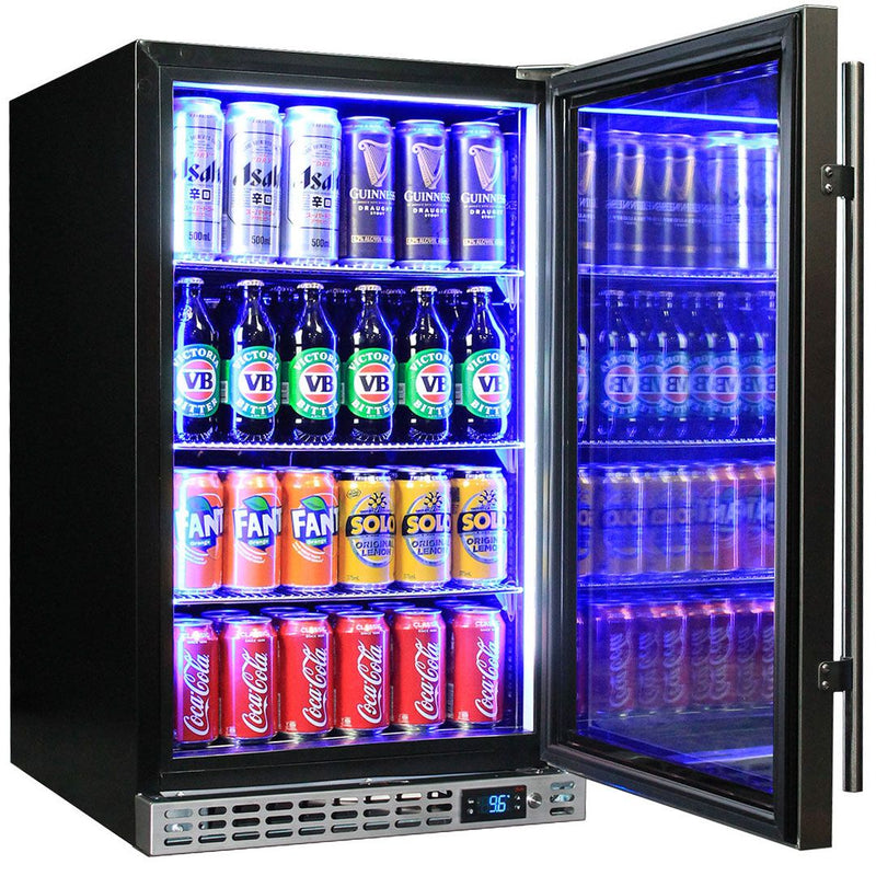 Bar Fridge | Single Door Alfresco | Schmick SK126 door open and full of drinks with blue LED lights