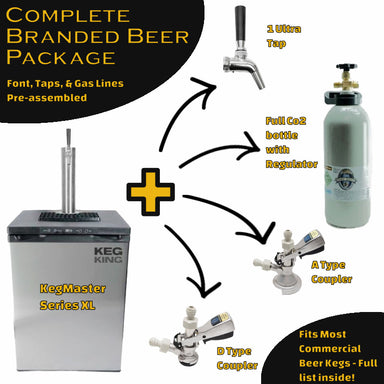 KegMaster series XL single tap complete branded beer package showing the fridge,  single taps, CO2 bottle, A & D type couplers