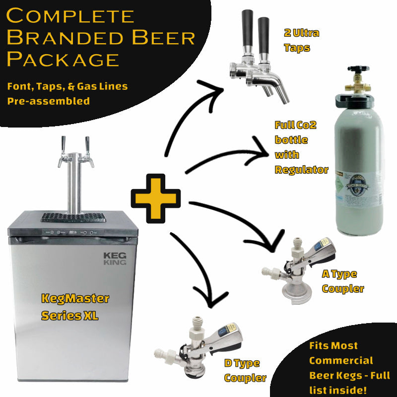 KegMaster series XL duo tap complete branded beer package showing the fridge,  2 taps, CO2 bottle, A & D type couplers