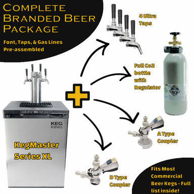 KegMaster series XL quad tap complete branded beer package showing the fridge,  4 taps, CO2 bottle, A & D type couplers