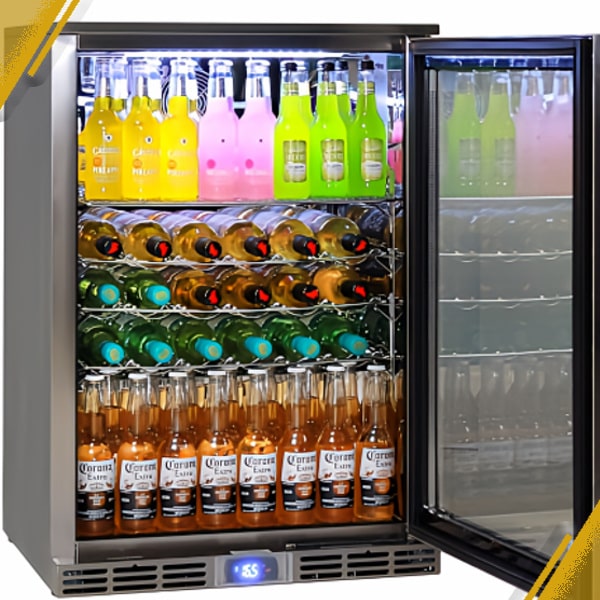 an outdoor alfresco bar fridge with the door opening showing drinks stacked inside