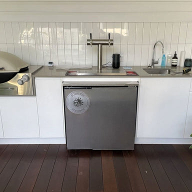 Under Bench Telescopic Font Adaptor showing a kegerator mounted under a benchtop