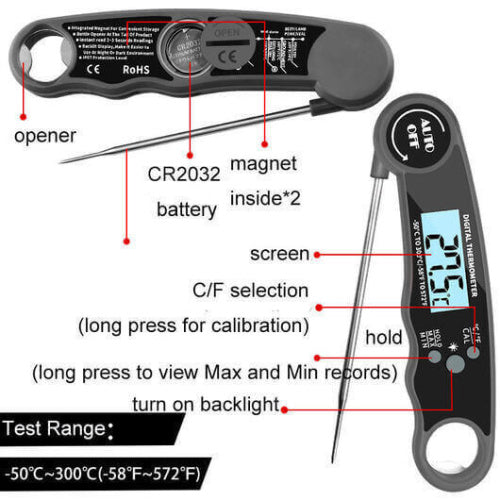 Waterproof Digital Thermometer | view showing all the different features of the thermometer