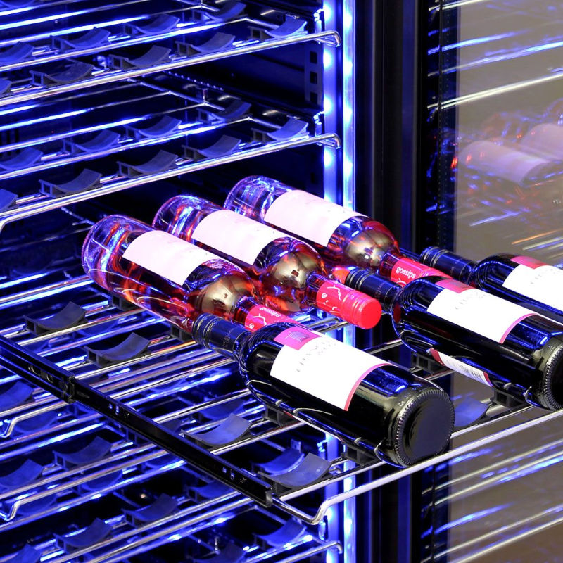 Wine Fridge | 405 Litre Upright close up view showing ball bearing slide out shelves