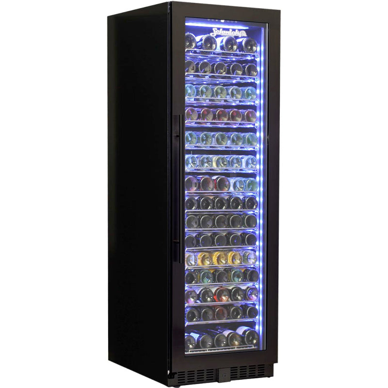 Wine Fridge | 405 Litre Upright black model front view full of wine bottles