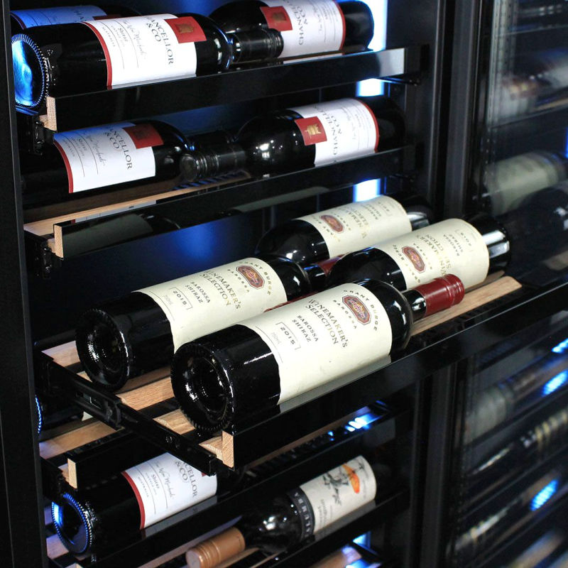 Wine Fridge | 209 Litre Upright close up view of pull out shelves with wine bottles sitting on them