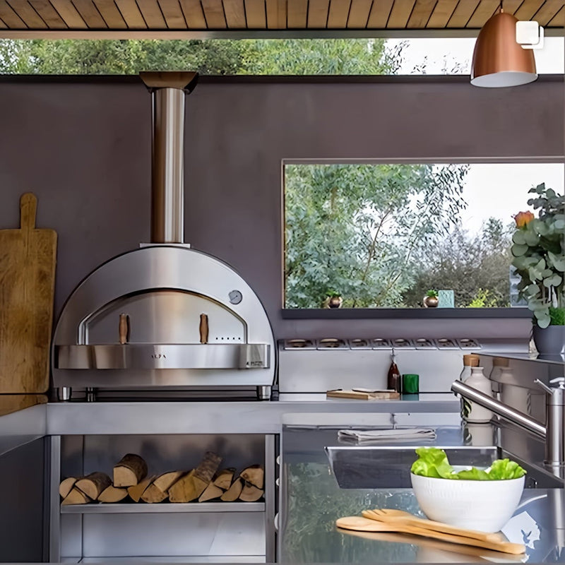 Wood Fired Pizza Oven | Alfa 4 Pizze sitting on bench in alfresco area