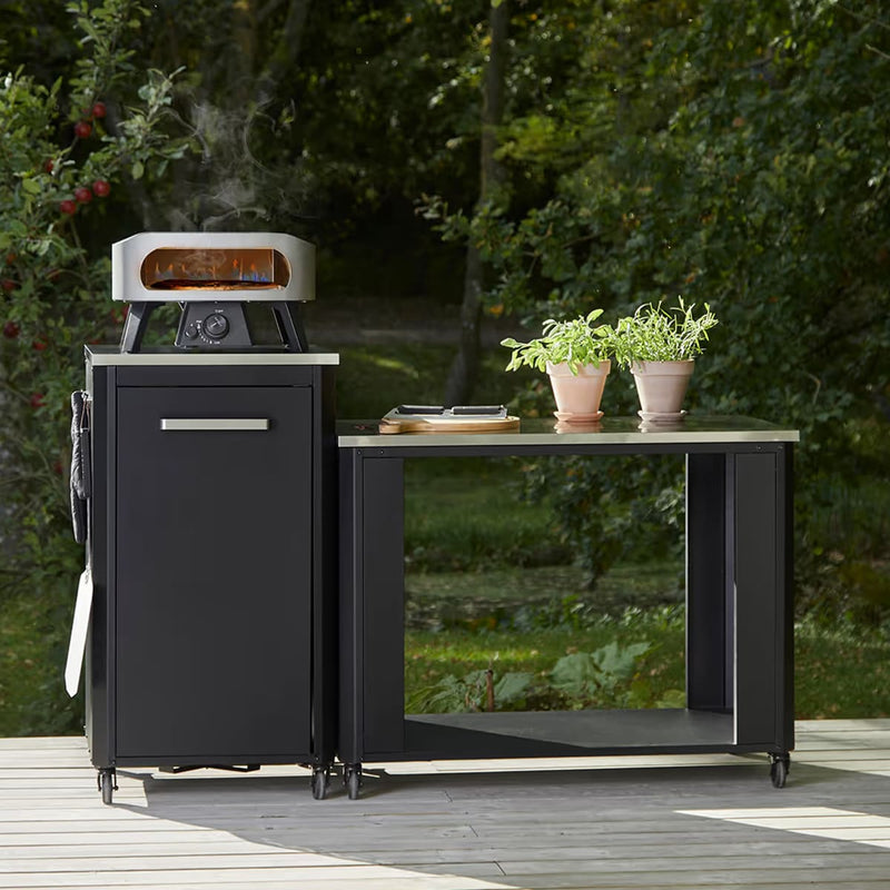 Outdoor Kitchen 115 Open  – Stainless 115×60 Top | Modular | Cozze sitting next to a tall pizza oven table