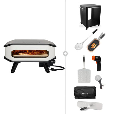 Cozze 13" ELECTRIC Pizza Oven Bundles | Choose From 4 Different Packs showing the ultimate cook pack with table