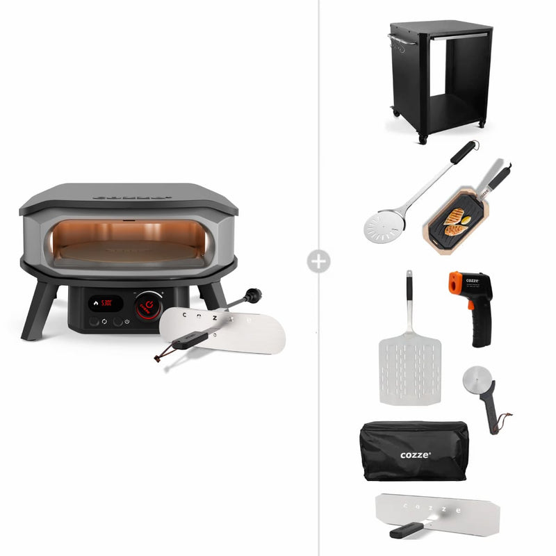 Cozze 13" Rotating ELECTRIC Pizza Oven Bundles | Choose From 5 Different Packs showing the ultimate pack with table