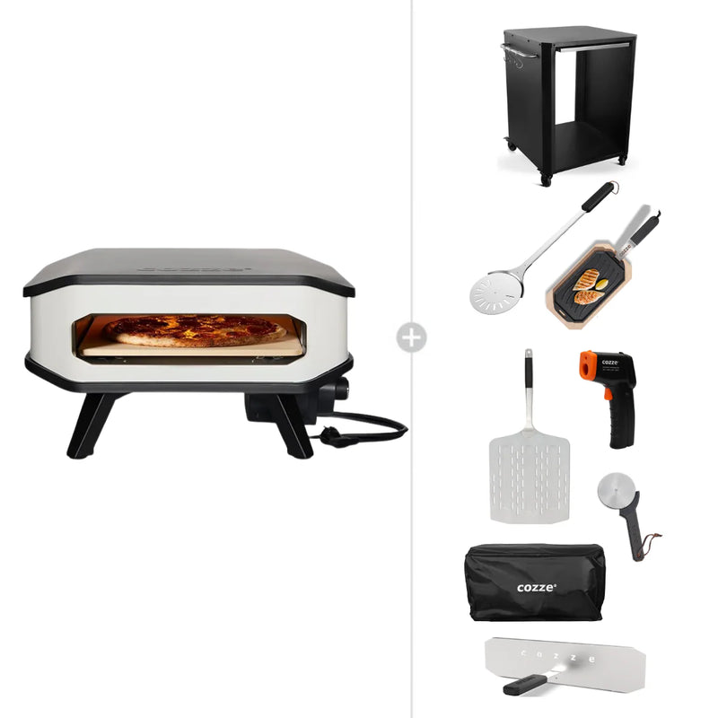 Cozze 13" ELECTRIC Pizza Oven Bundles | Choose From 4 Different Packs showing the ultimate cook pack with table
