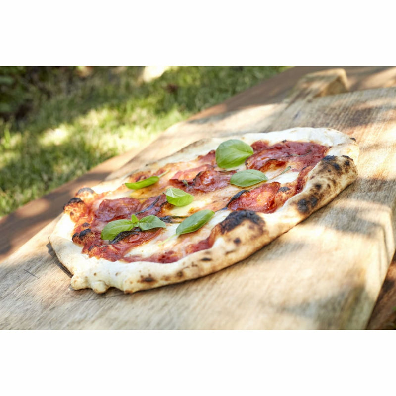 Pizza Oven Premium Rotate Electric 13″ & 17″ — Rotating Stone shoiwng a freshly cooked pizza on a peel