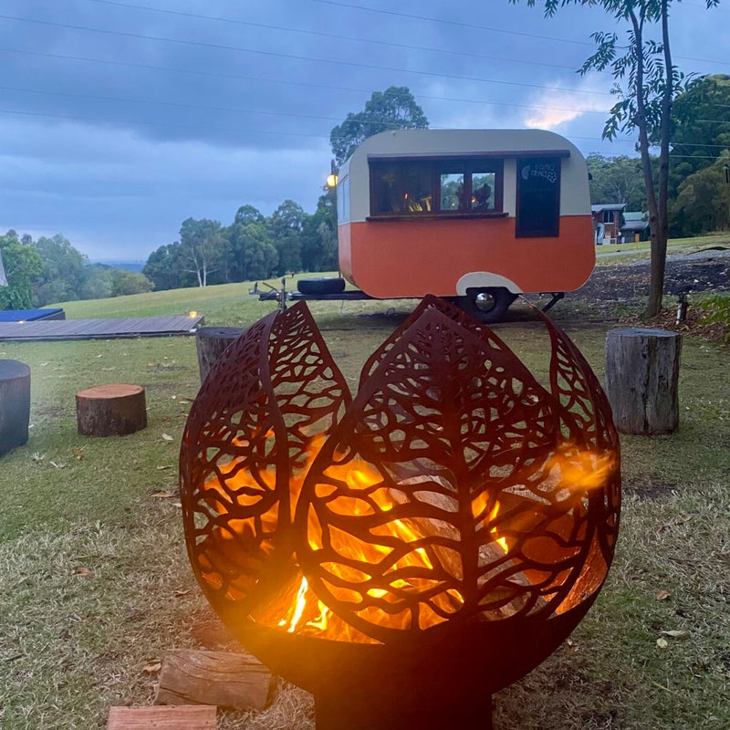 Outdoor Globe Fire Pits | World | ANZAC | Death Star | Leaf showing the lead model with fire in it