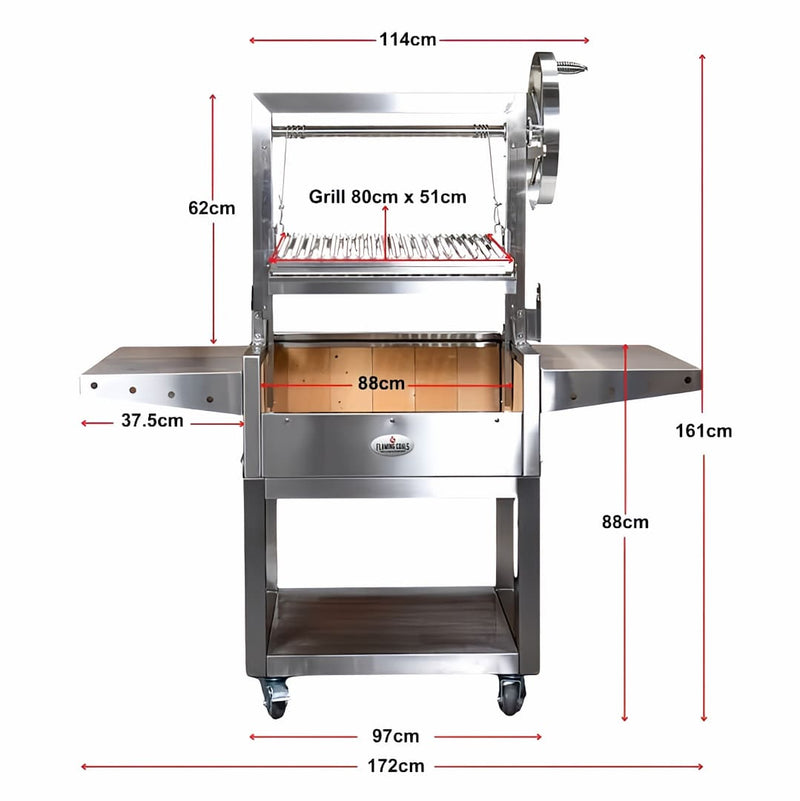 Parrilla Argentine BBQ Grill | Firebrick | Rotisserie | Large showing the units dimensions