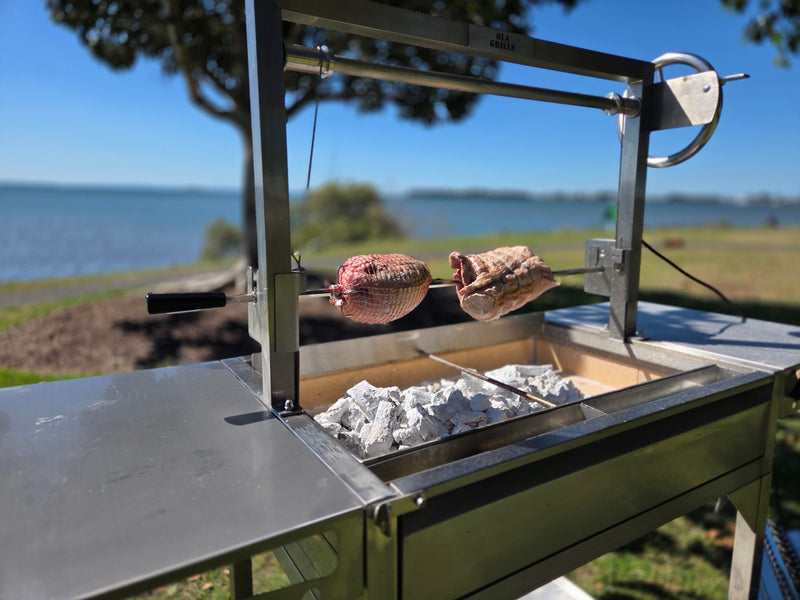 Parrilla Argentine BBQ with Firebricks | 100% 304 Stainless | South American Style Cooking showing the rotisserie in action