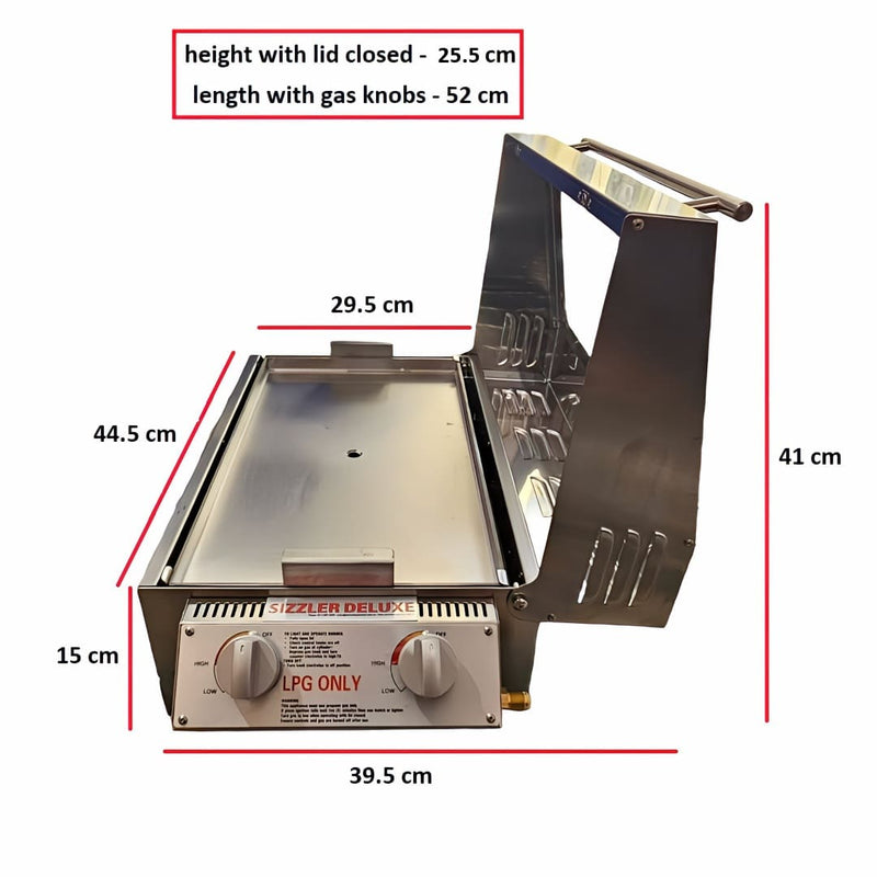 sizzler deluxe high lid showing the dimensions of the unit