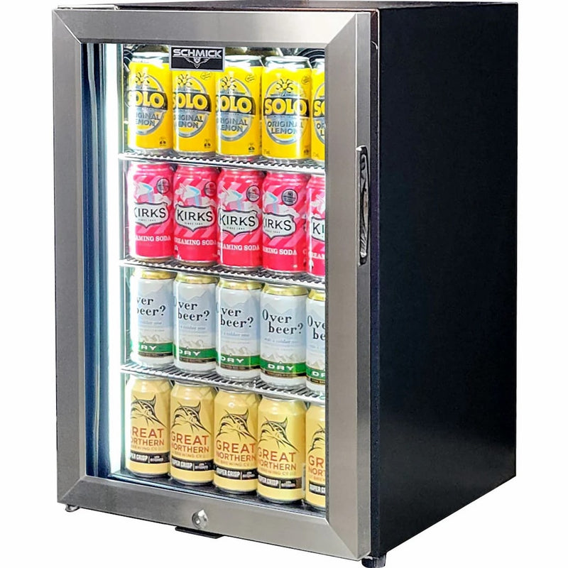 Bar Fridge | Single Door Alfresco | Schmick SK68 showing the left hinge model with the door closed in stianless steel and drinks inside