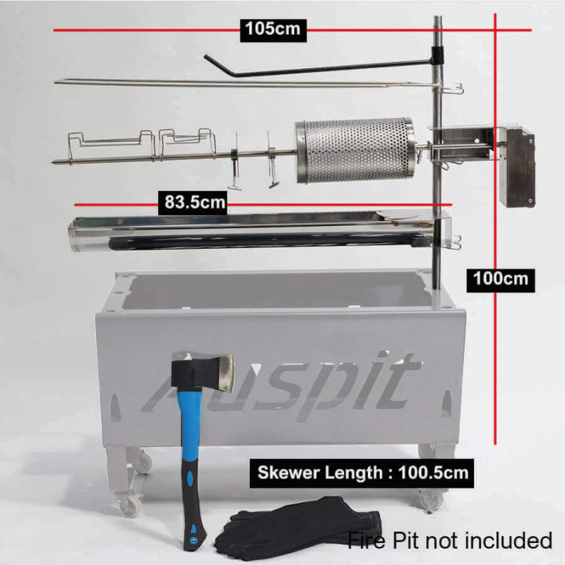 Auspit Gold: Portable Spit Rotisserie Package showing dimensions