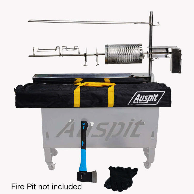 Auspit Gold: Portable Spit Rotisserie Package showing accessories and carry bag