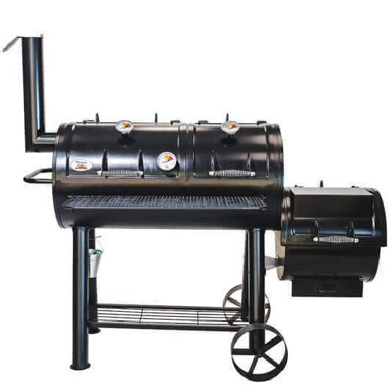 BBQ Offset Smoker Flaming Coals full view  with lids closed