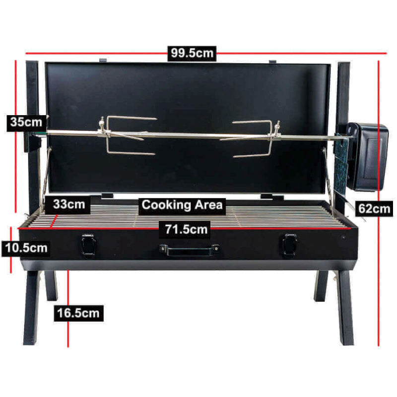Flaming Coals: Charcoal BBQ Mini Spit Roaster showing fropnt view dimensions